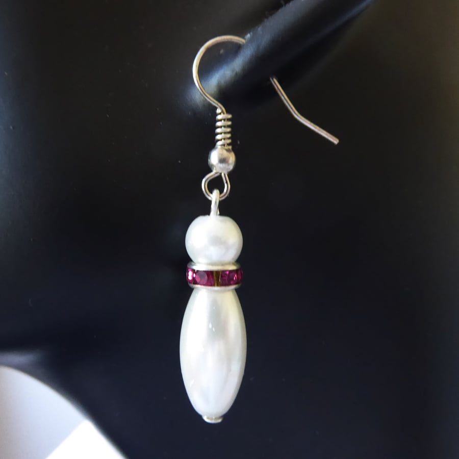 Bowling Pin Earrings with Ruby coloured Rhinestones and Faux Pearls
