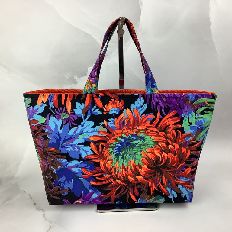 Floral tote bag, Chrysanthemums shopper, handmade in Sussex
