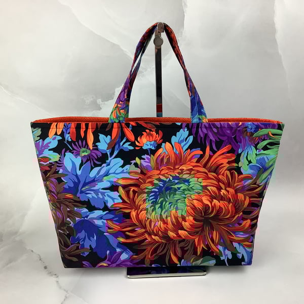 Floral tote bag, Chrysanthemums shopper, handmade in Sussex