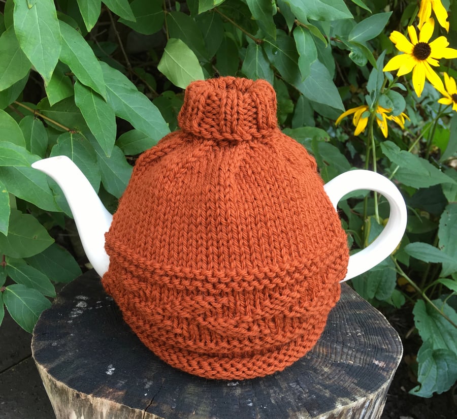 Russet Leaf Design Tea Cosy, Autumnal Roll Neck Wool Tea Cozy