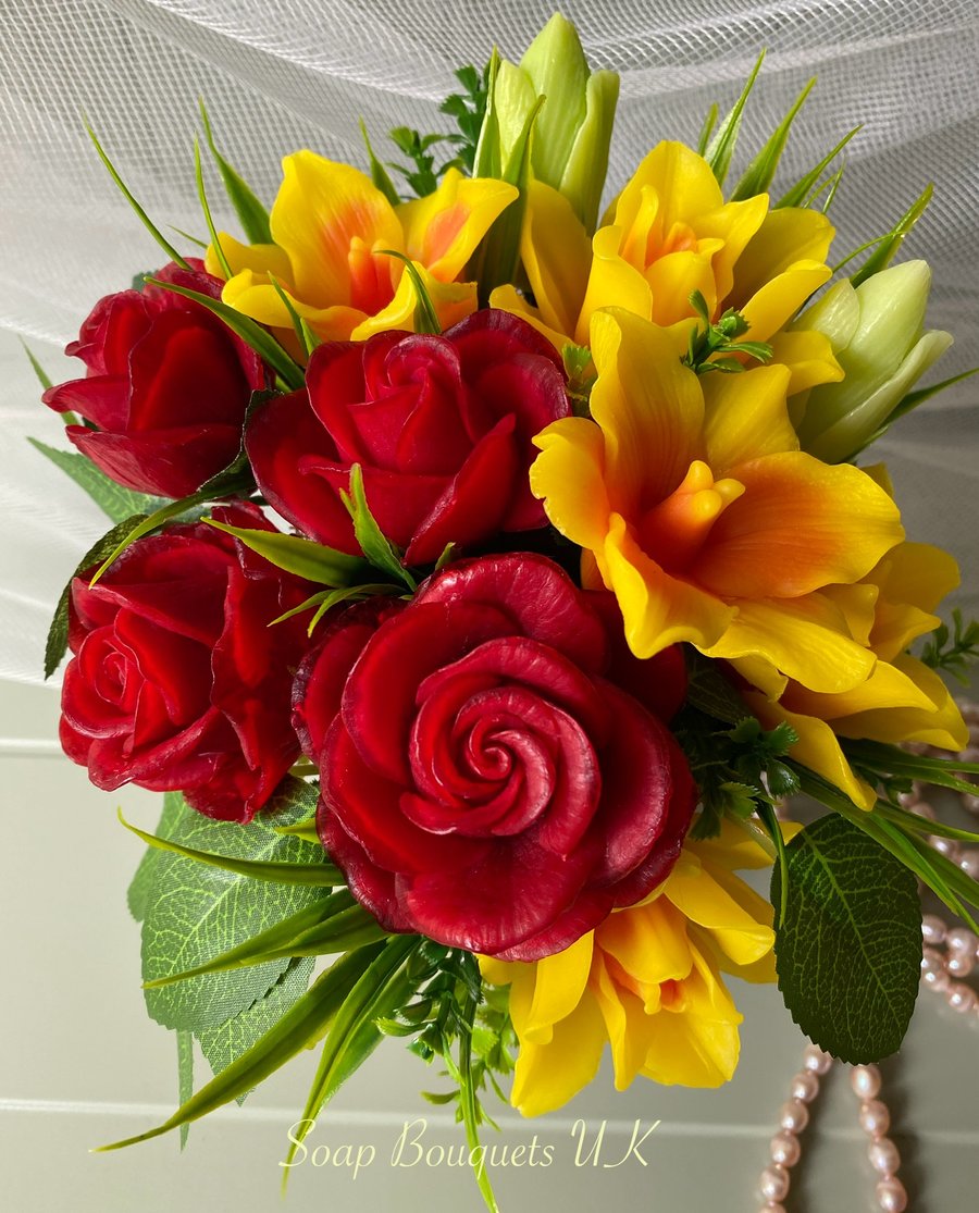Exquisite Soap Flower Bouquet - Striking Red Roses and Bright Yellow Lilies