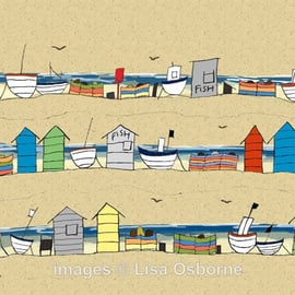 Beach Huts and Boats - signed print from illustration  of the coast