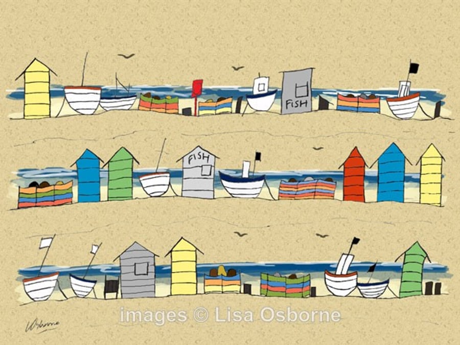 Beach Huts and Boats - signed print from illustration  of the coast