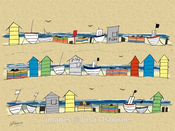 Beach Huts and Boats - signed print from illustration  of the coast
