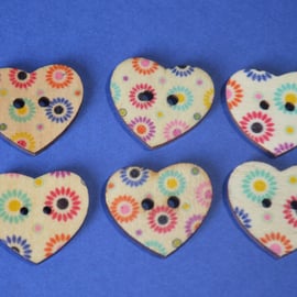 Wooden Heart Buttons Floral Purple Turquoise Red Flower 6pk 25x22mm (H27)