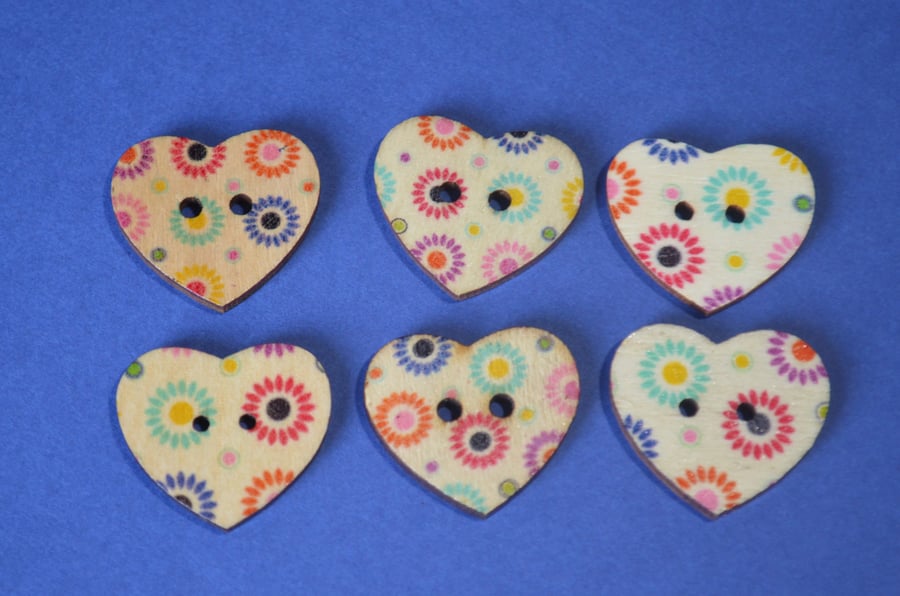Wooden Heart Buttons Floral Purple Turquoise Red Flower 6pk 25x22mm (H27)