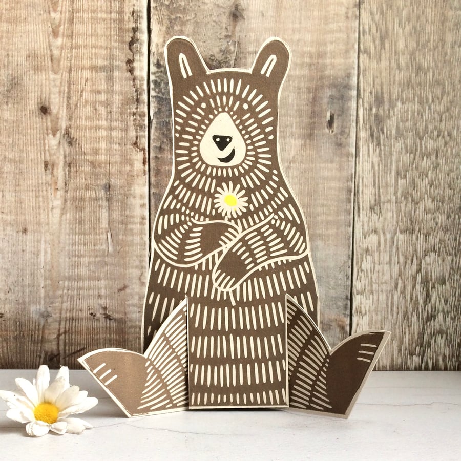 Bear with Flower 3D Hand Printed Greeting Card