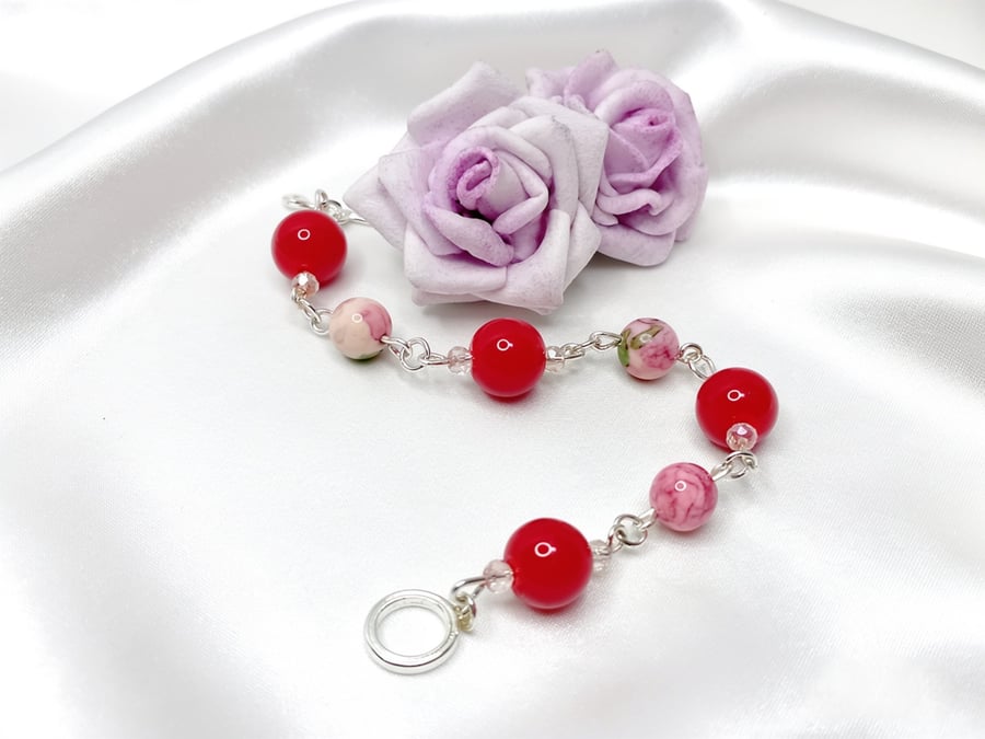 Red Coral & Pink Rain Flower Jasper Bracelet