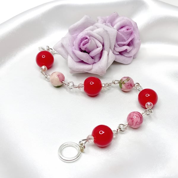 Red Coral & Pink Rain Flower Jasper Bracelet