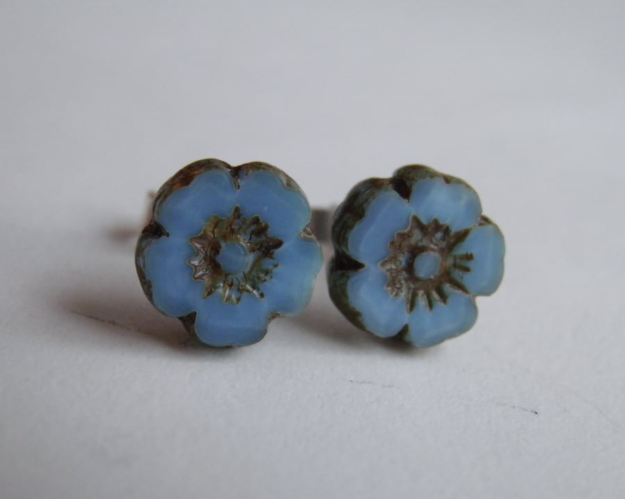 Blue Flower Earrings Sterling Silver Post Stud Small