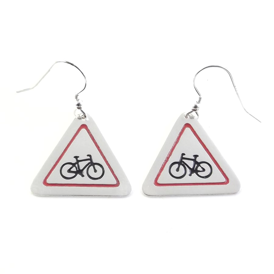 Cycling Road Sign Drop Earrings, Silver Bicycle Jewellery, Handmade Bike Gift