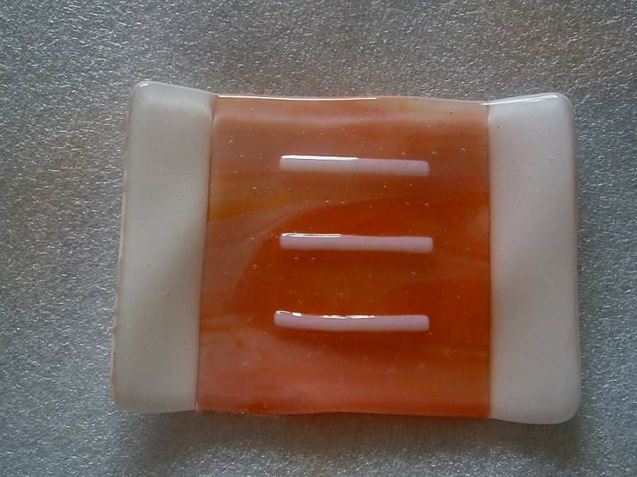 Fused glass soap dish in cream and orange 