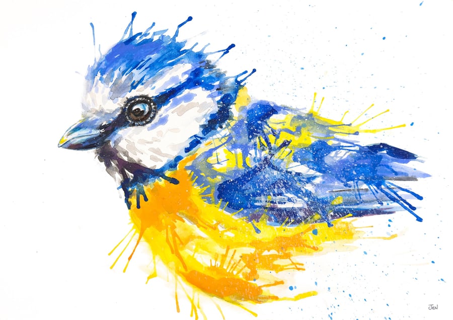Blue Tit watercolour print, bird painting, abstract wall art