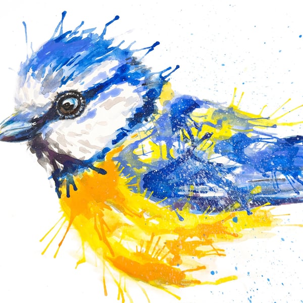 Blue Tit watercolour print, bird painting, abstract wall art