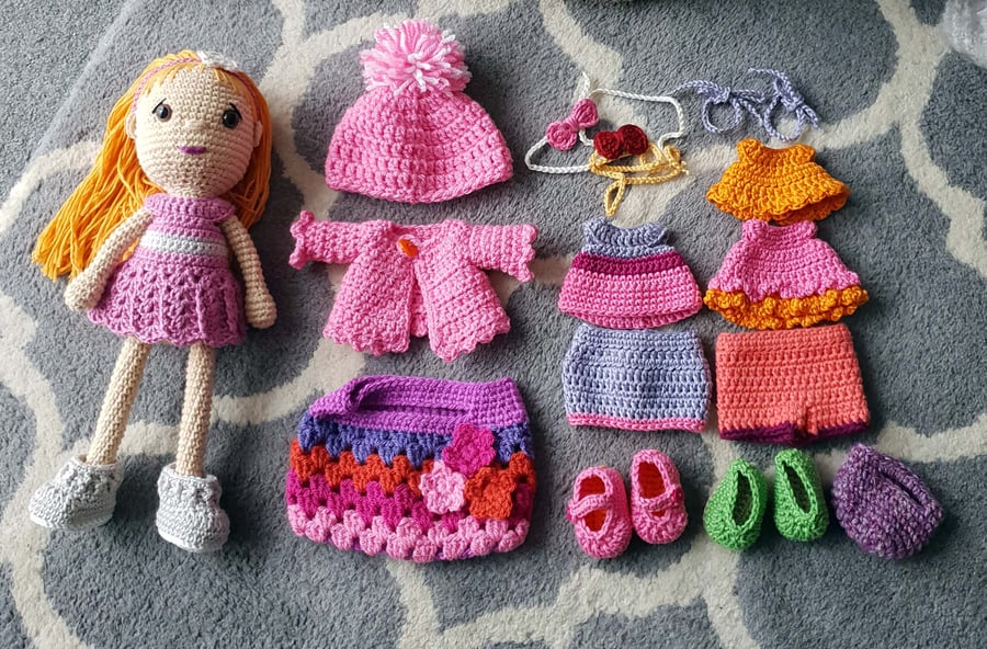 Crochet Doll with clothes and shoes for dressing up
