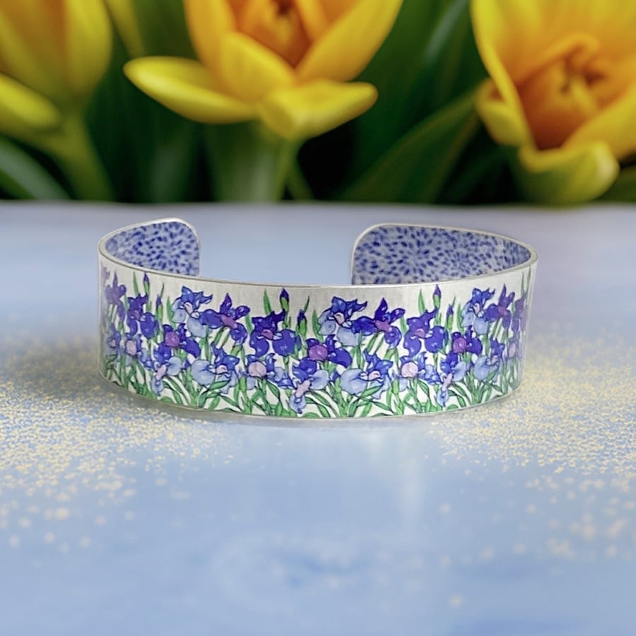 Blue iris flowers cuff bracelet, floral bangle. Personalised gifts. (727b)