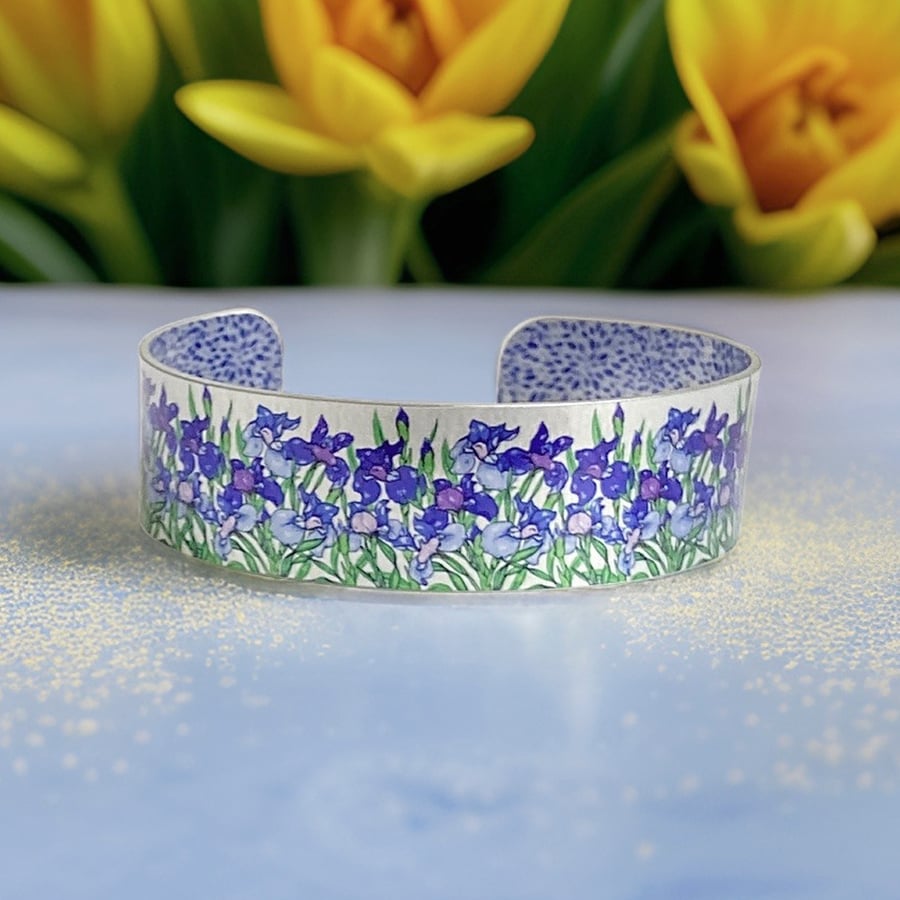 Blue violet iris flowers cuff bracelet, floral bangle. Personalised gifts (727b)