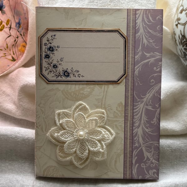 Handmade Vintage Floral Notebook – Lavender & Cream Tea Dyed Paper