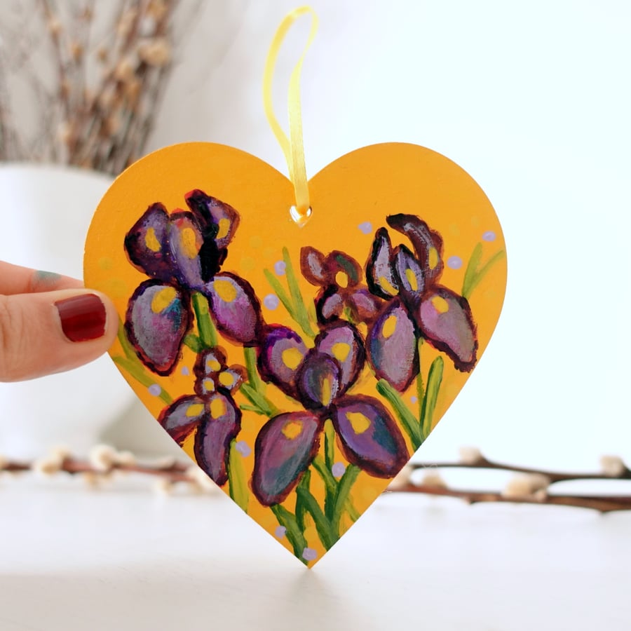 Purple Iris Hanging Heart Yellow Decoration Spring Flowers Artwork