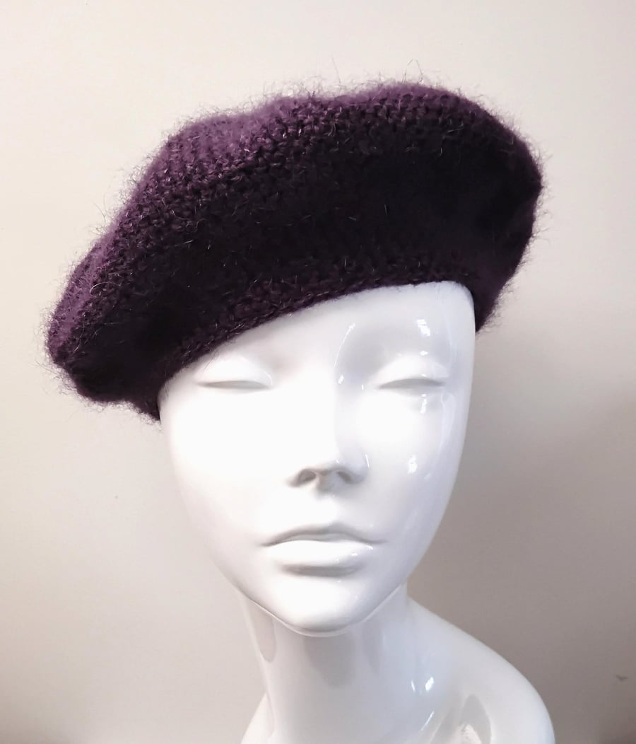 Crochet Wool and Mohair Beret in Plum with Pink Striped Lining