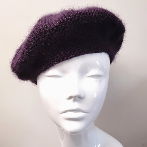 Crochet Wool and Mohair Beret in Plum with Pink Striped Lining
