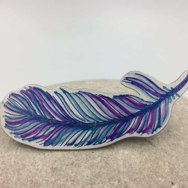 Anodised aluminium pink and blue handmade feather brooch.