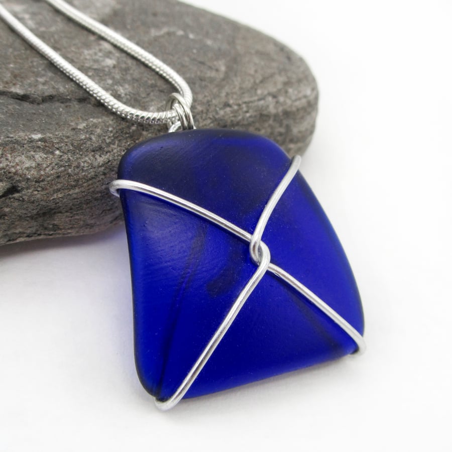 Scottish Flag Blue Sea Glass Saltire Pendant Necklace. Silver Seaglass Jewellery