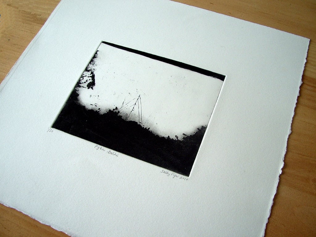 'Pylon Near Delhi' view from an Indian train, etching