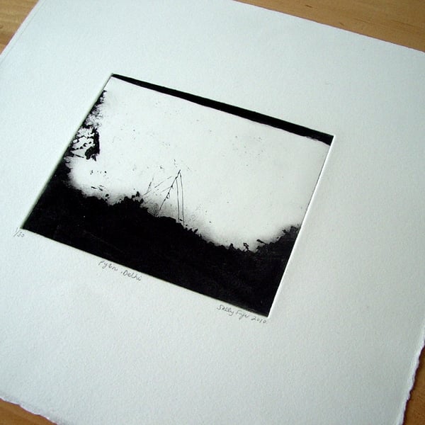 'Pylon Near Delhi' view from an Indian train, etching