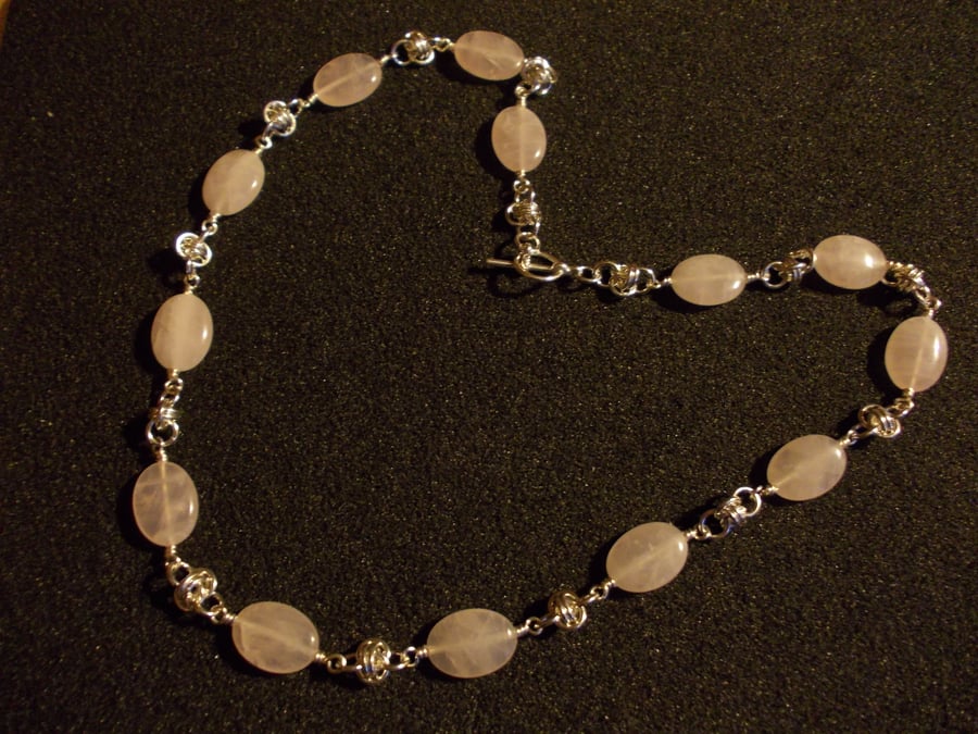 Rose quartz and chainmaille long necklace