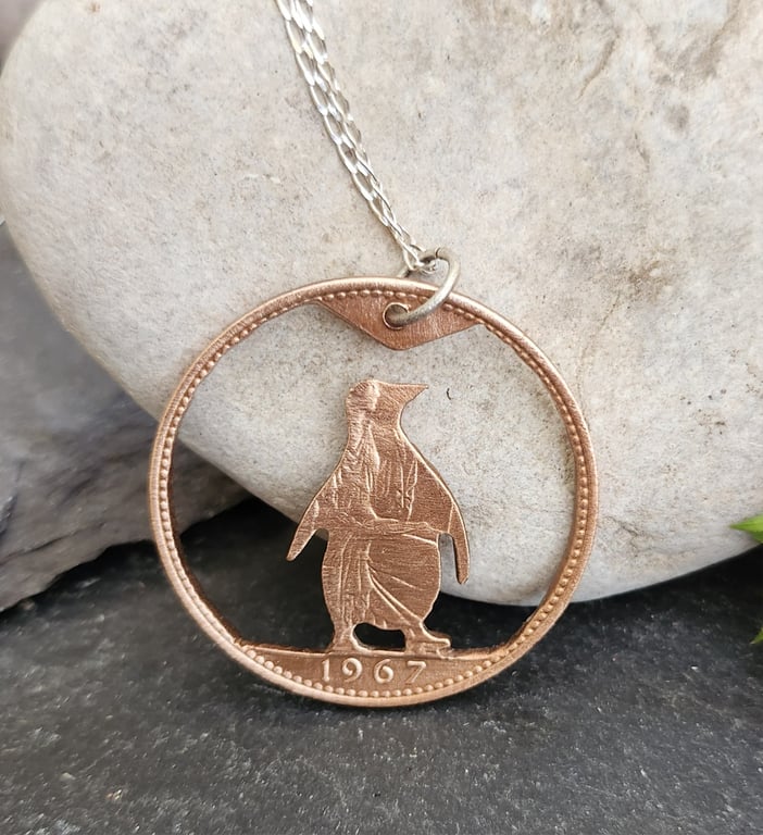 Upcycled penny coin penguin pendant