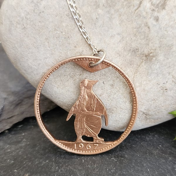 Upcycled penny coin penguin pendant