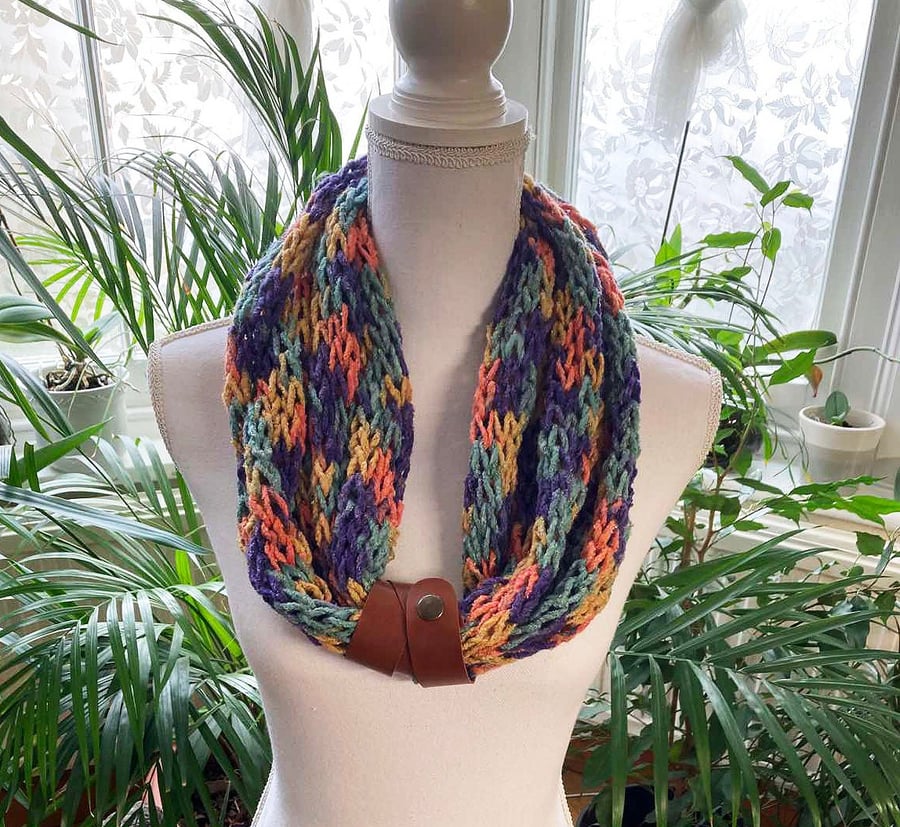 Crochet mesh rainbow colors shawl hand knit scarf with faux leather strap 