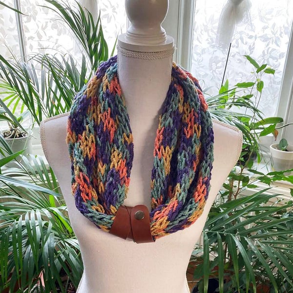 Crochet mesh rainbow colors shawl hand knit scarf with faux leather strap 