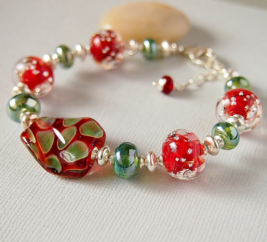 Lampwork Glass Bracelet - Beaded Bracelet - Red - Green - Sterling Silver