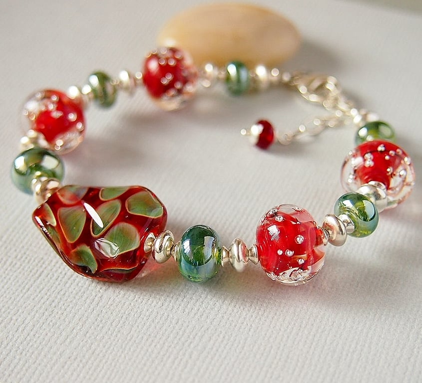 Lampwork Glass Bracelet - Beaded Bracelet - Red - Green - Sterling Silver