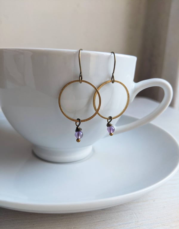 Golden Hoops with Amethysts - drop earrings - purple gem stones and brass