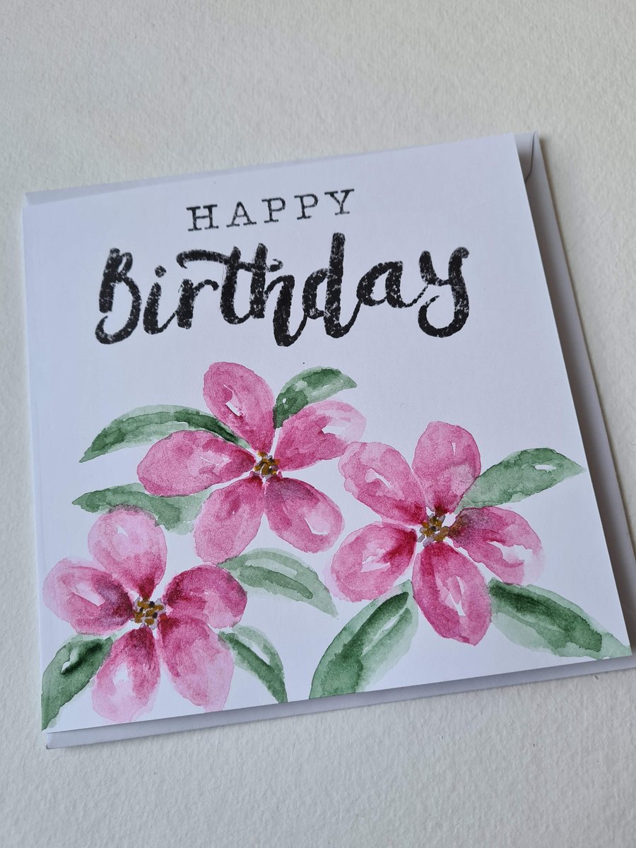 Watercolour pink flower birthday card handpainted