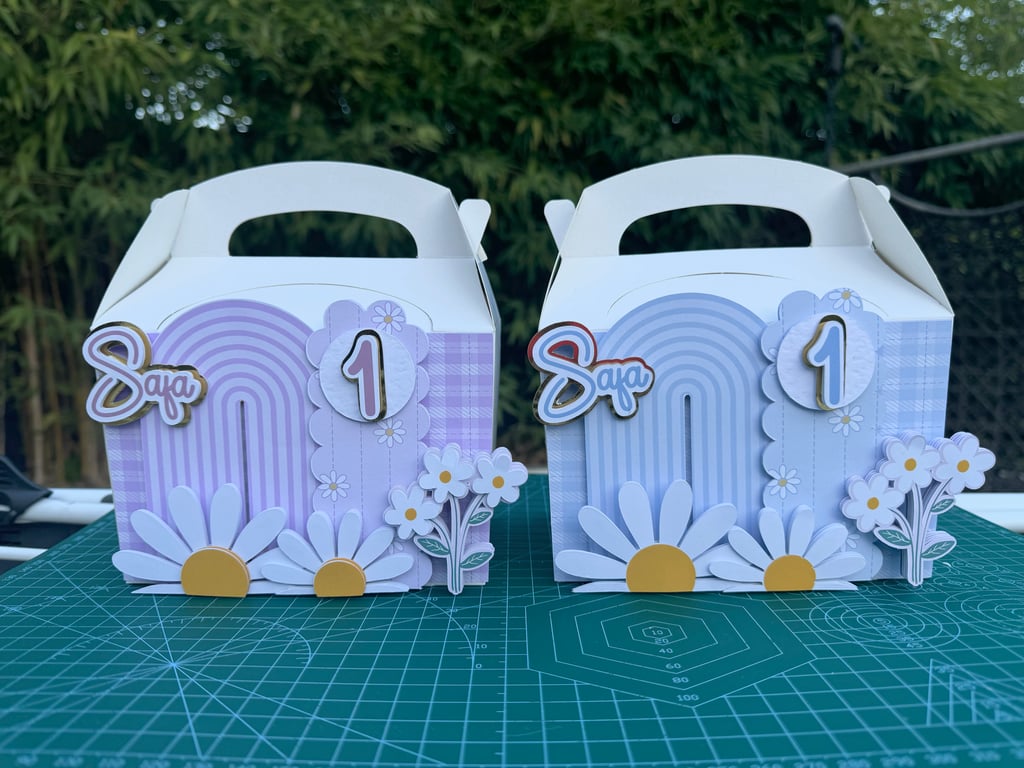 6 Personalised daisies party boxes, party bags 