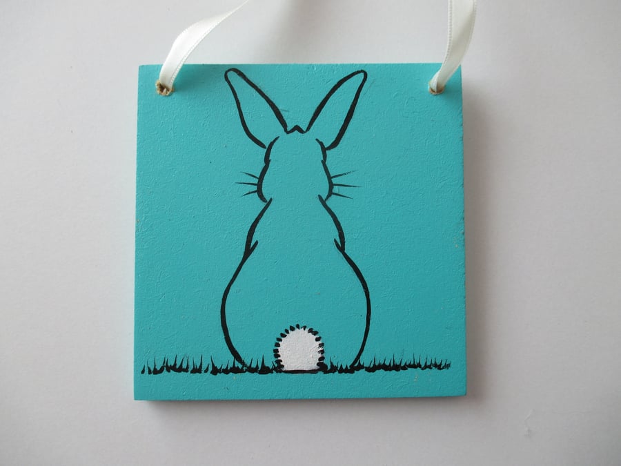 Bunny Rabbit Hand Painted Wooden Plaque White Bobtail Hanging Decoration