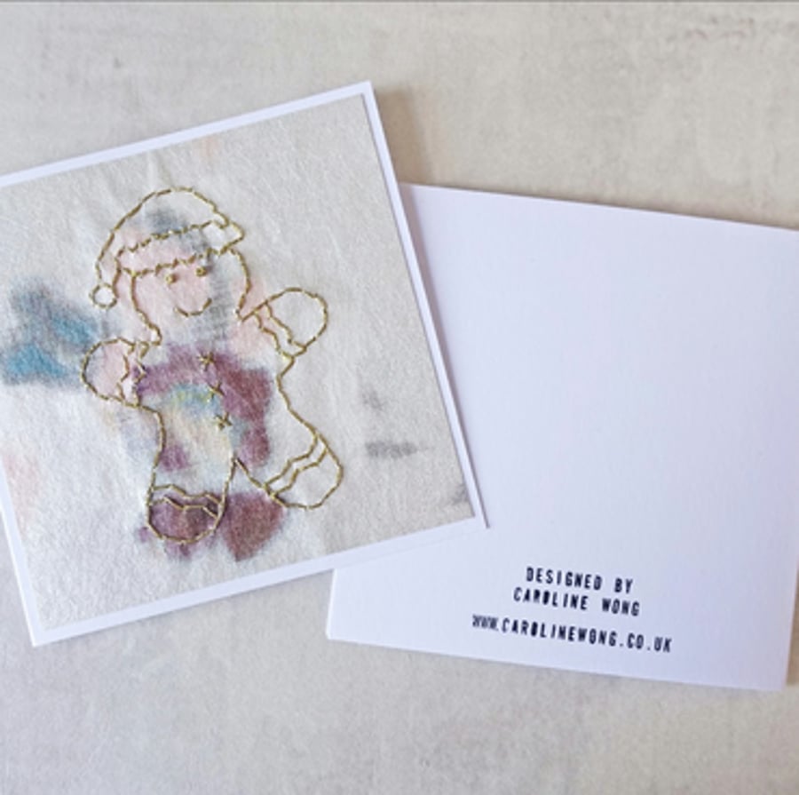 SALE Hand Stitched Gold Gingerbread Christmas Card