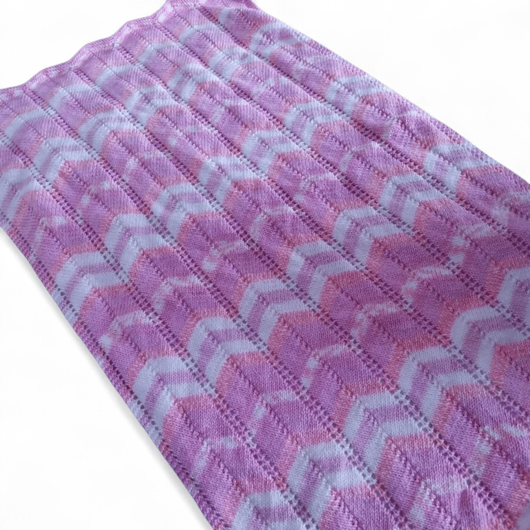 Baby pram blanket hand knitted in pinks and white Chevron Afghan 