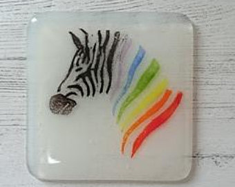 Zebra Fused Glass Coaster, Rainbow Zebra Coaster, Drinks Coaster, 