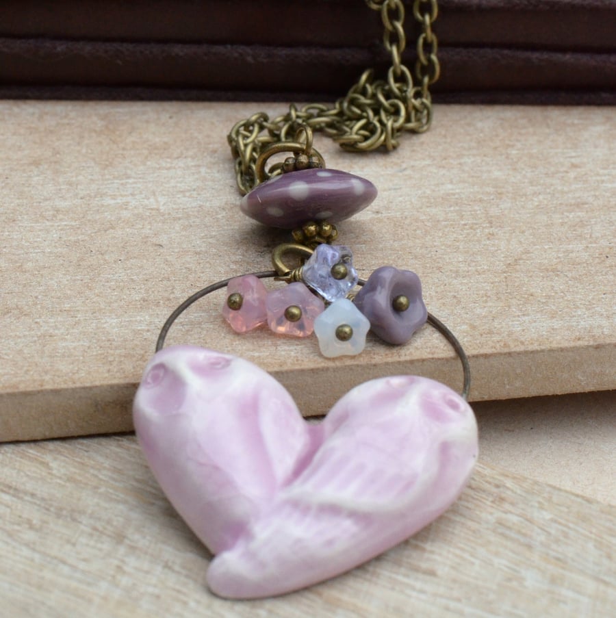 Pink Ceramic Owl Pendant Necklace, Purple Lampwork Glass & Czech Flower Beads