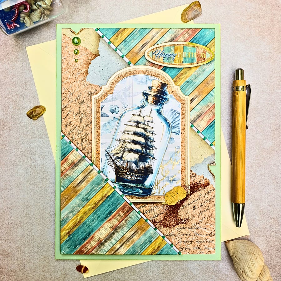 Nautical Themed Birthday Card, Ship In A Bottle, "Happy Birthday", Blank