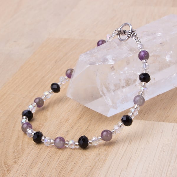 Amethyst bracelet - Purple Gemstone with black and crystal bead bracelet - large