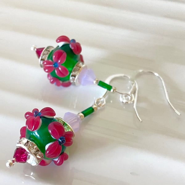 Green & Pink Glass Dangle and Drop earrings - Silver Flower Blossom Design.f&w