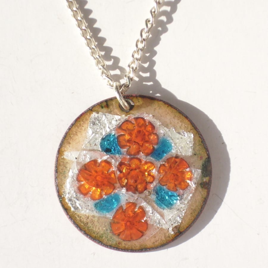 pendant - round: red and green millefiore over siver