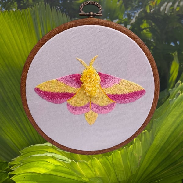 Hand Embroidered 3D Stumpwork Rosy Maple Moth, Moth Artwork, Rosy Maple Moth Gif