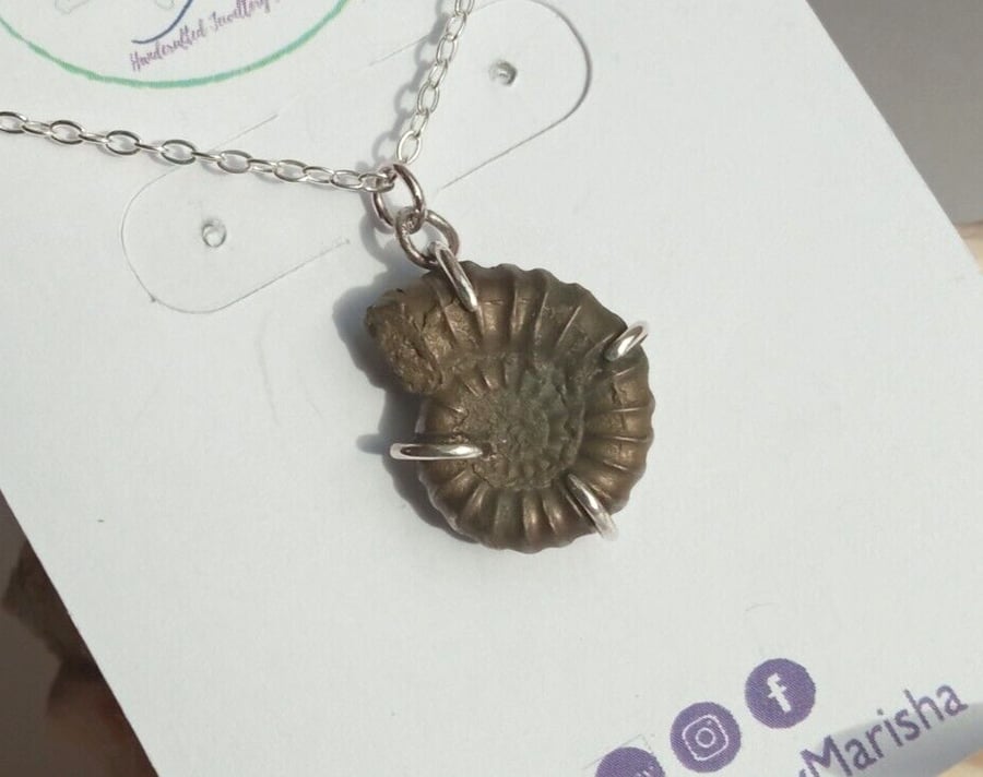 Pyrite Ammonite Necklace Sterling Silver Fossil Pendant Jewellery Gift Handmade